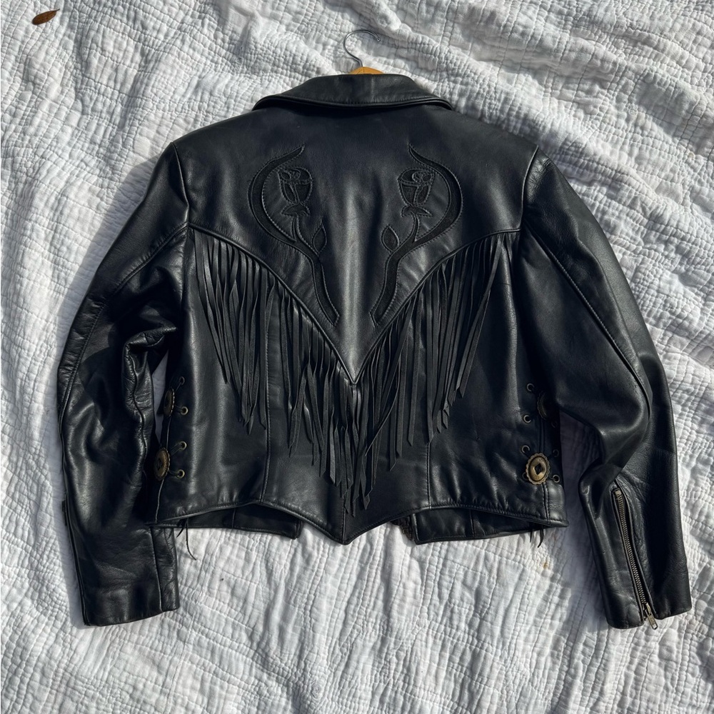 Protech vintage leather fringe jacket, black western Moto biker made in USA - Picture 2 of 8